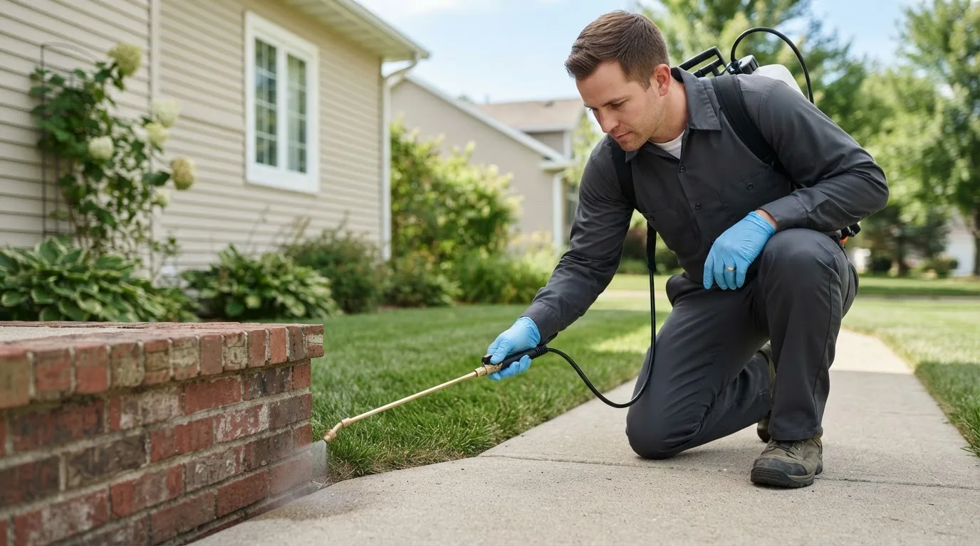 Pest control technician treating a home near Rayland, OH