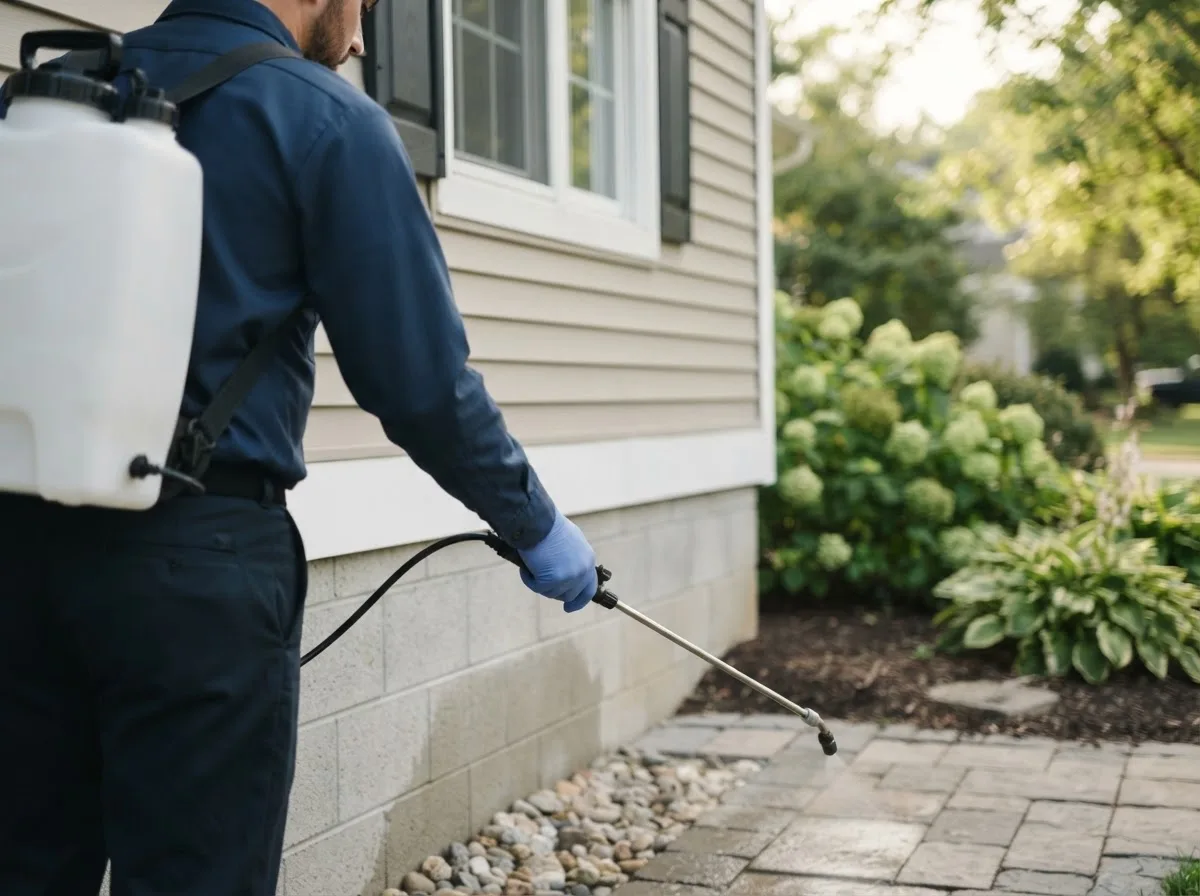 Pest control technician inspecting a home in Rayland, OH